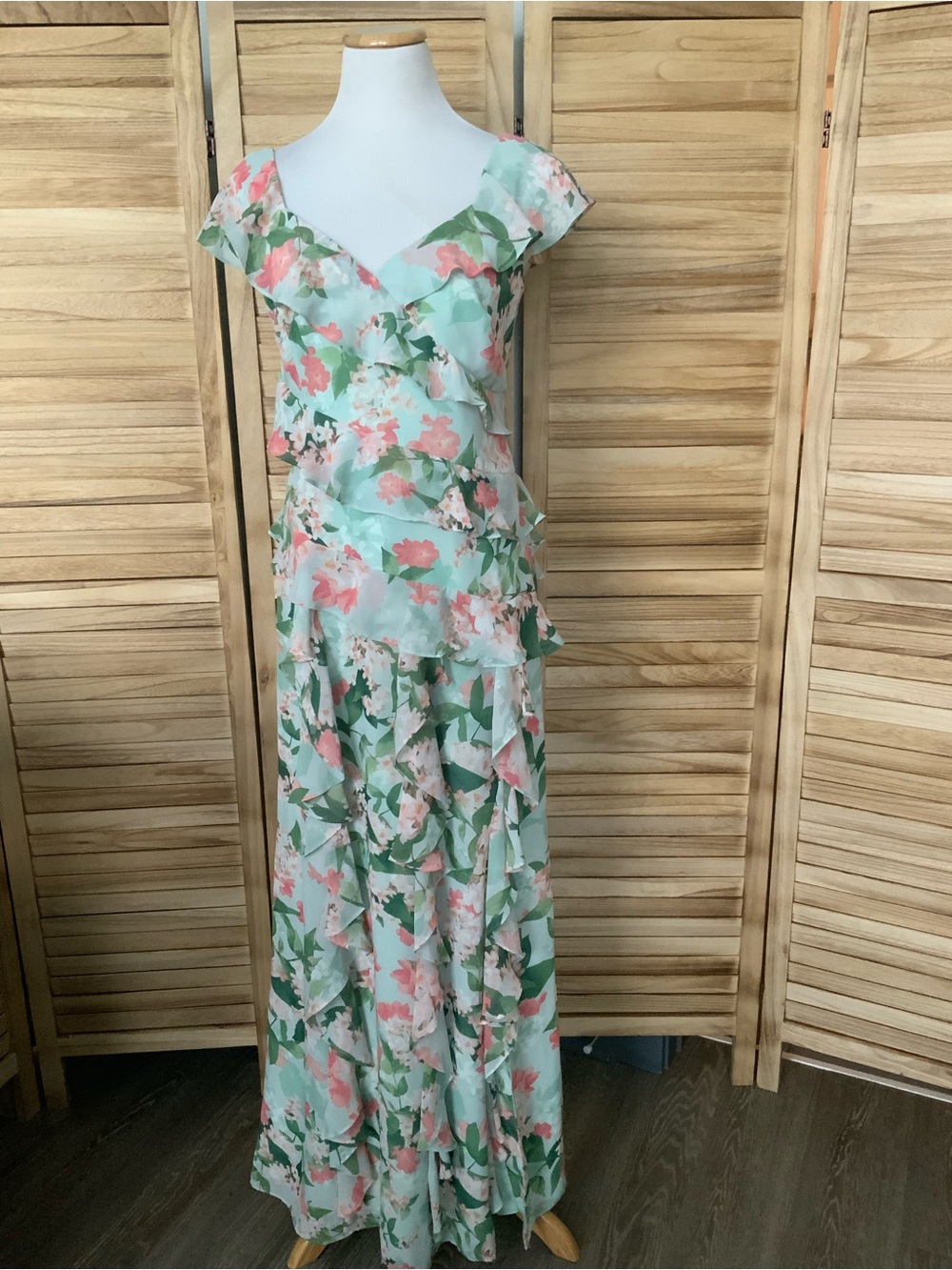 Eliza J Mint Floral Ruffle Maxi Dress with Pink Blossoms Size 8